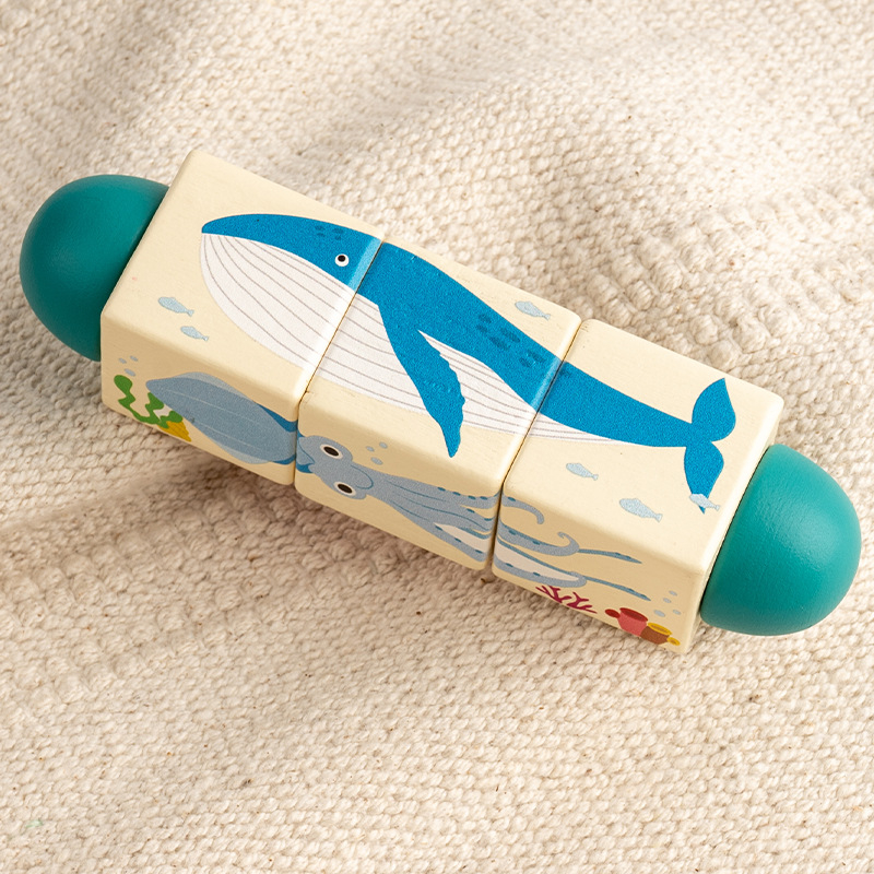 Bērnu koka dzīvnieku rotējošas puzles trīsdimensiju celtniecības klucīši bērnudārzam mazuļa roku un acu koordinācijas apmācībai, izglītojošas rotaļlietas