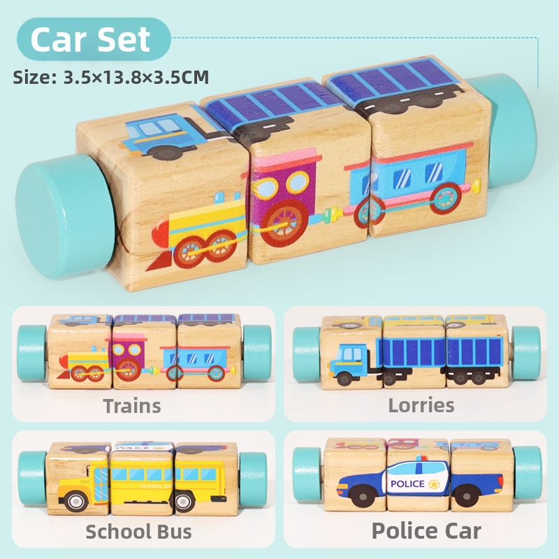 Bērnu koka dzīvnieku rotējošas puzles trīsdimensiju celtniecības klucīši bērnudārzam mazuļa roku un acu koordinācijas apmācībai, izglītojošas rotaļlietas