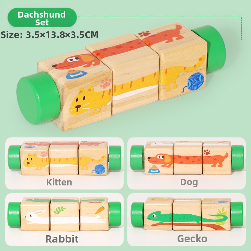 Bērnu koka dzīvnieku rotējošas puzles trīsdimensiju celtniecības klucīši bērnudārzam mazuļa roku un acu koordinācijas apmācībai, izglītojošas rotaļlietas