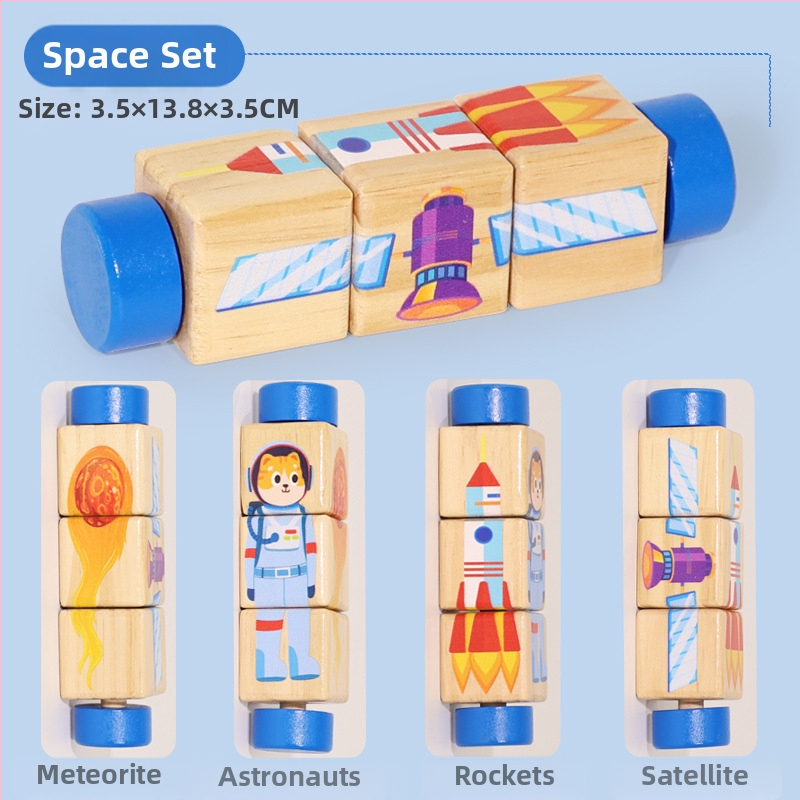 Bērnu koka dzīvnieku rotējošas puzles trīsdimensiju celtniecības klucīši bērnudārzam mazuļa roku un acu koordinācijas apmācībai, izglītojošas rotaļlietas