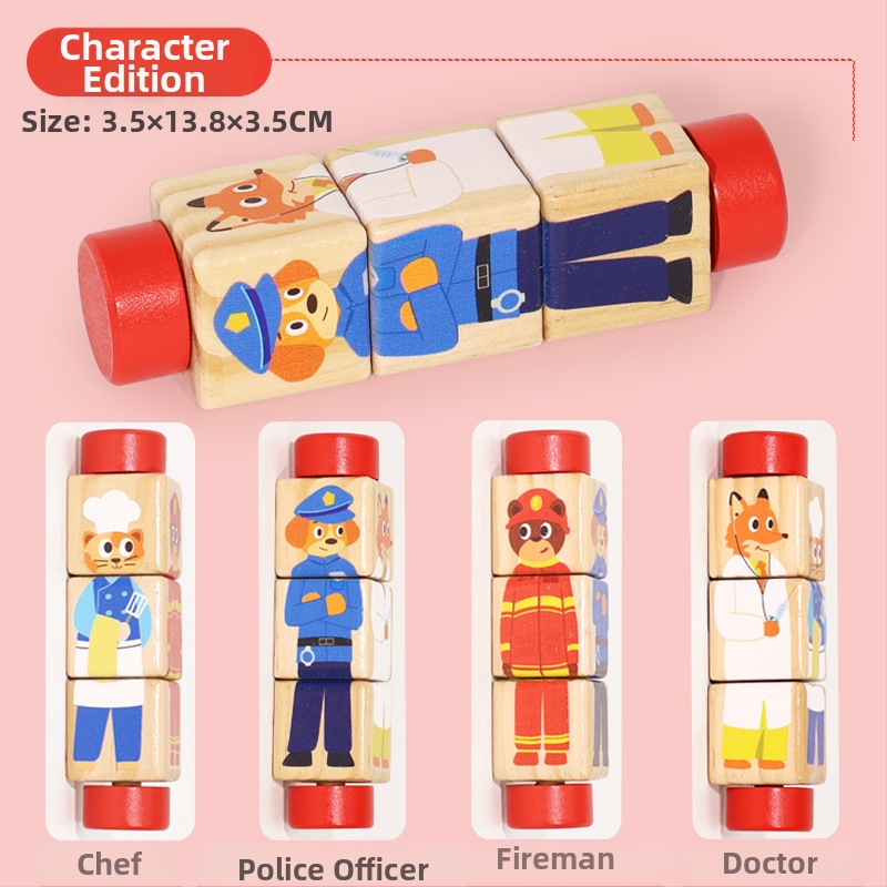 Bērnu koka dzīvnieku rotējošas puzles trīsdimensiju celtniecības klucīši bērnudārzam mazuļa roku un acu koordinācijas apmācībai, izglītojošas rotaļlietas