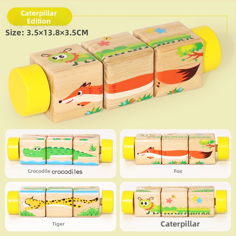 Bērnu koka dzīvnieku rotējošas puzles trīsdimensiju celtniecības klucīši bērnudārzam mazuļa roku un acu koordinācijas apmācībai, izglītojošas rotaļlietas