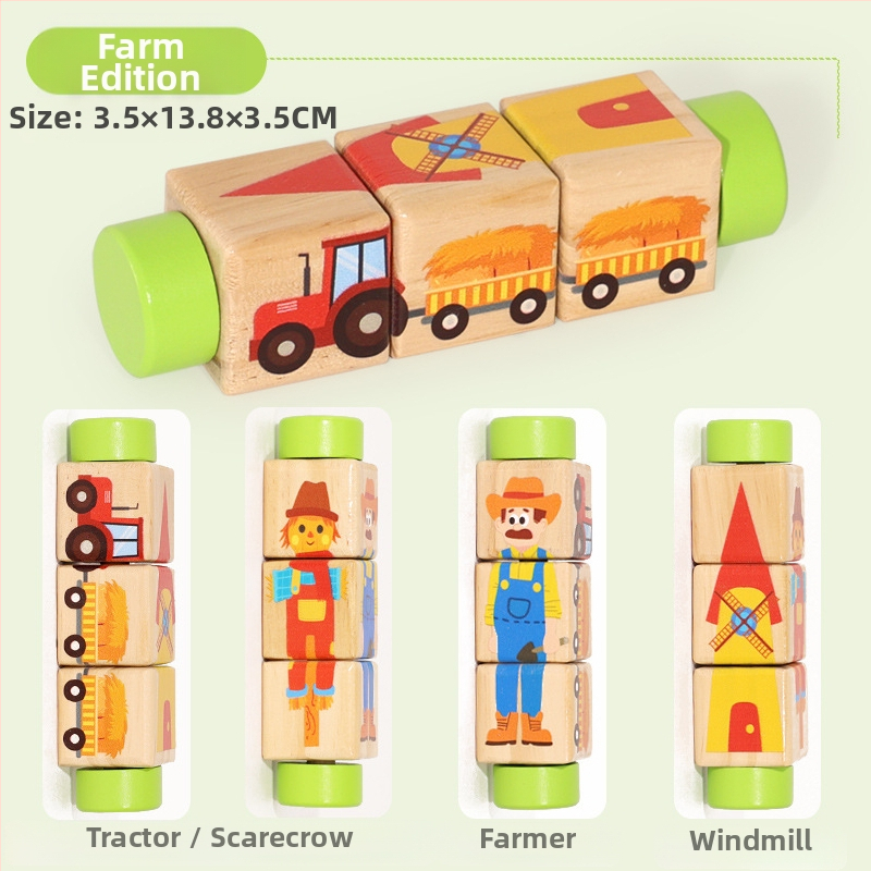 Bērnu koka dzīvnieku rotējošas puzles trīsdimensiju celtniecības klucīši bērnudārzam mazuļa roku un acu koordinācijas apmācībai, izglītojošas rotaļlietas
