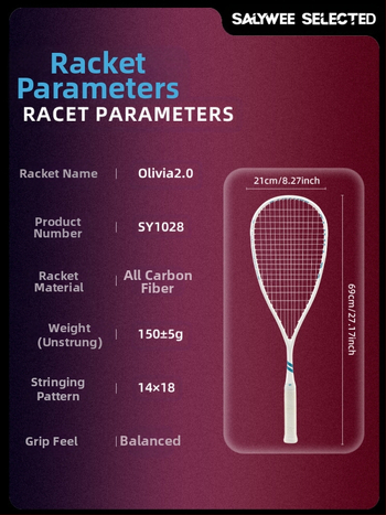 „Salywee“ patobulinta visiškai anglies pluošto profesionali skvošo raketė „Olivia 2.0“ integruota itin lengva 155 ± 5 g