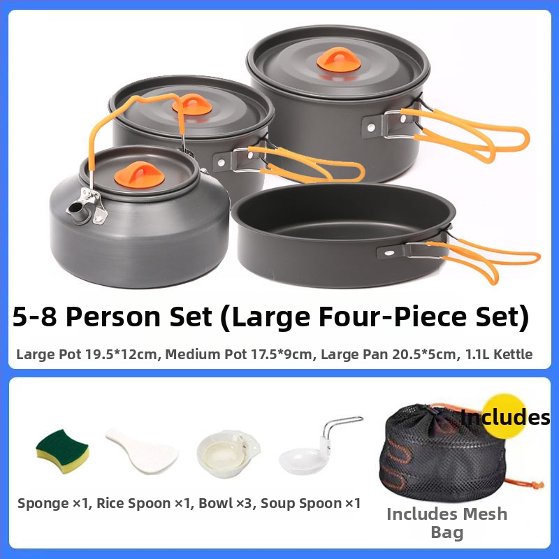 Трансгранична доставка на къмпинг съдове за готвене, кана за вряща вода, преносими къмпинг прибори за хранене, комплект тенджери, тиган, оборудване за готвене