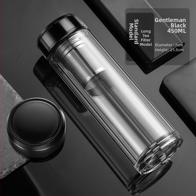 Išmanusis vandens puodelis Dvisluoksnis stiklinis puodelis mirkymui arbatos puodelis vyrams Permatomas su šiltu ekranu Arbatos vandens atskyrimas Izoliacinis vandens puodelis