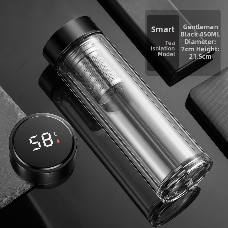 Išmanusis vandens puodelis Dvisluoksnis stiklinis puodelis mirkymui arbatos puodelis vyrams Permatomas su šiltu ekranu Arbatos vandens atskyrimas Izoliacinis vandens puodelis