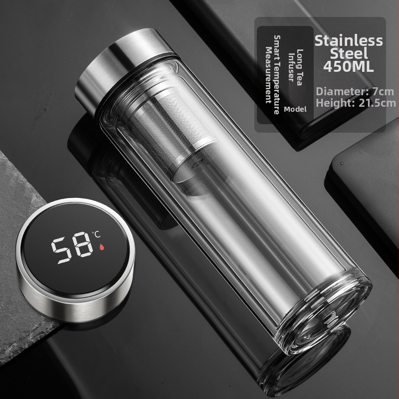 Išmanusis vandens puodelis Dvisluoksnis stiklinis puodelis mirkymui arbatos puodelis vyrams Permatomas su šiltu ekranu Arbatos vandens atskyrimas Izoliacinis vandens puodelis