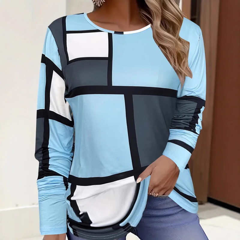 Sieviešu Design Sense Niche krekls ar garām piedurknēm un apkakli, jauns pavasara universāls kvadrātveida apdrukāts tops ME06