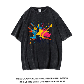 Νέο, εξατομικευμένο, διασυνοριακό αμερικανικό ρετρό ψηφιακό μπλουζάκι με άμεση εκτύπωση ψεκασμού, πλυμένο, χαλαρό βαμβακερό μισομανίκι, ανδρικό και γυναικείο μπλουζάκι