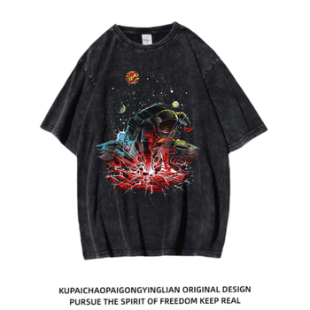 Νέο, εξατομικευμένο, διασυνοριακό αμερικανικό ρετρό ψηφιακό μπλουζάκι με άμεση εκτύπωση ψεκασμού, πλυμένο, χαλαρό βαμβακερό μισομανίκι, ανδρικό και γυναικείο μπλουζάκι