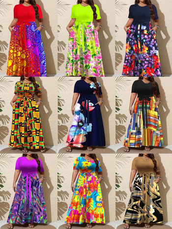 Amazon Takeaway Διασυνοριακό Νέο Ευρωπαϊκό και Αμερικανικό Μεγάλο Μέγεθος Casual Φόρεμα Γυναικείο Μεγεθυμένο Μοντέρνο Τυπωμένο Μακριά Φούστα σε Αντίθεση Χρωμάτων