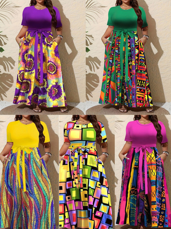 Amazon Takeaway Διασυνοριακό Νέο Ευρωπαϊκό και Αμερικανικό Μεγάλο Μέγεθος Casual Φόρεμα Γυναικείο Μεγεθυμένο Μοντέρνο Τυπωμένο Μακριά Φούστα σε Αντίθεση Χρωμάτων