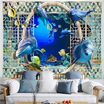 Povandeninio pasaulio fonas, audinys, pakabinamas audinys, svetainė, miegamasis, sienų dekoracija, sienų audinys, delfinas, paprastas plakatas, gobelenas, audinys