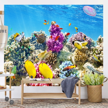 Povandeninio pasaulio fonas, audinys, pakabinamas audinys, svetainė, miegamasis, sienų dekoracija, sienų audinys, delfinas, paprastas plakatas, gobelenas, audinys