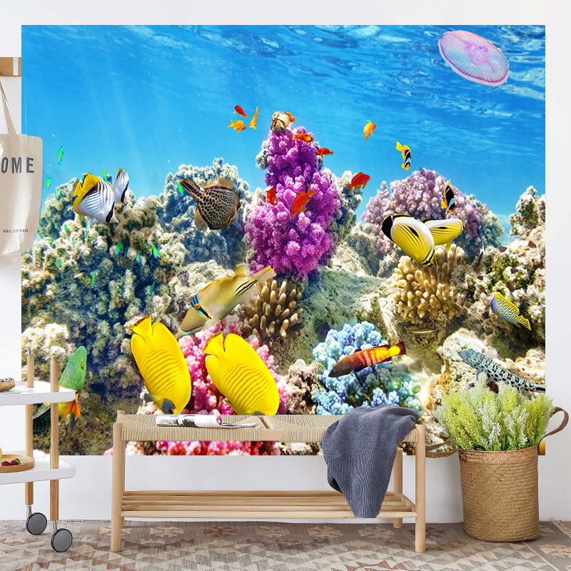 Povandeninio pasaulio fonas, audinys, pakabinamas audinys, svetainė, miegamasis, sienų dekoracija, sienų audinys, delfinas, paprastas plakatas, gobelenas, audinys