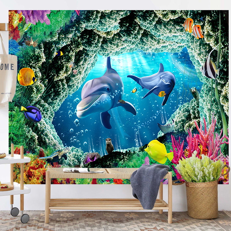 Povandeninio pasaulio fonas, audinys, pakabinamas audinys, svetainė, miegamasis, sienų dekoracija, sienų audinys, delfinas, paprastas plakatas, gobelenas, audinys