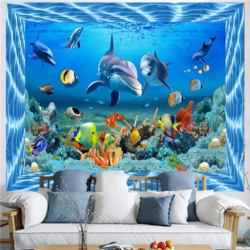 Povandeninio pasaulio fonas, audinys, pakabinamas audinys, svetainė, miegamasis, sienų dekoracija, sienų audinys, delfinas, paprastas plakatas, gobelenas, audinys