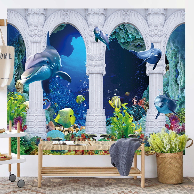 Povandeninio pasaulio fonas, audinys, pakabinamas audinys, svetainė, miegamasis, sienų dekoracija, sienų audinys, delfinas, paprastas plakatas, gobelenas, audinys