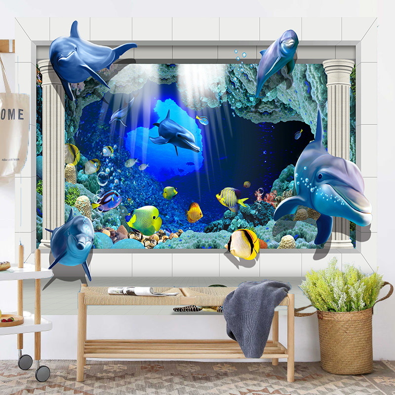 Povandeninio pasaulio fonas, audinys, pakabinamas audinys, svetainė, miegamasis, sienų dekoracija, sienų audinys, delfinas, paprastas plakatas, gobelenas, audinys