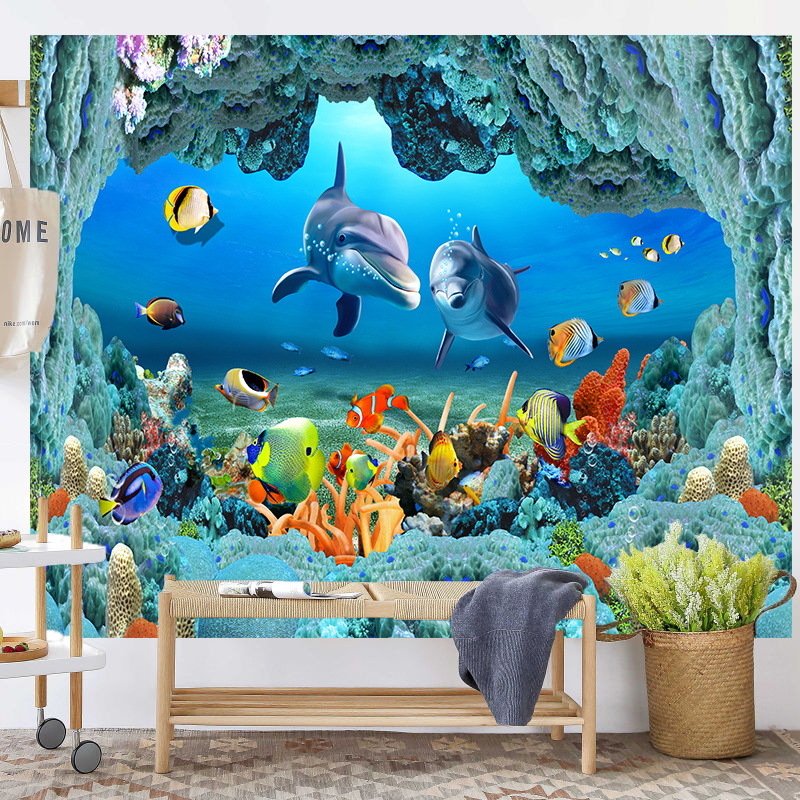 Povandeninio pasaulio fonas, audinys, pakabinamas audinys, svetainė, miegamasis, sienų dekoracija, sienų audinys, delfinas, paprastas plakatas, gobelenas, audinys