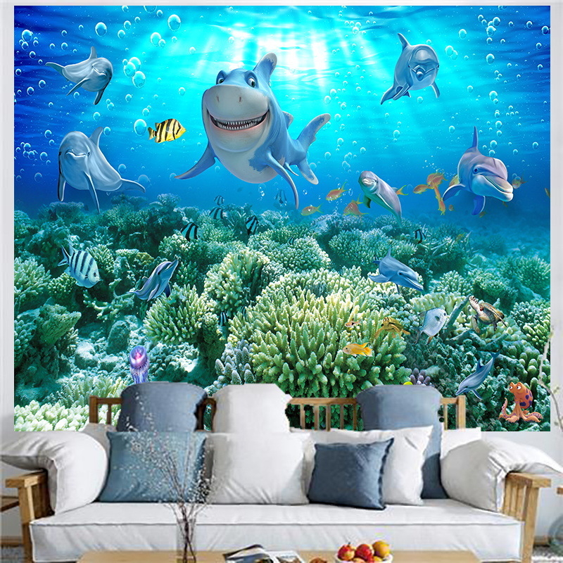Povandeninio pasaulio fonas, audinys, pakabinamas audinys, svetainė, miegamasis, sienų dekoracija, sienų audinys, delfinas, paprastas plakatas, gobelenas, audinys