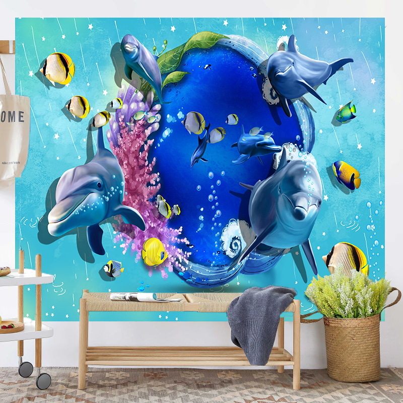 Povandeninio pasaulio fonas, audinys, pakabinamas audinys, svetainė, miegamasis, sienų dekoracija, sienų audinys, delfinas, paprastas plakatas, gobelenas, audinys