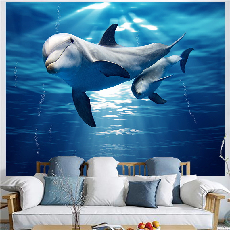 Povandeninio pasaulio fonas, audinys, pakabinamas audinys, svetainė, miegamasis, sienų dekoracija, sienų audinys, delfinas, paprastas plakatas, gobelenas, audinys