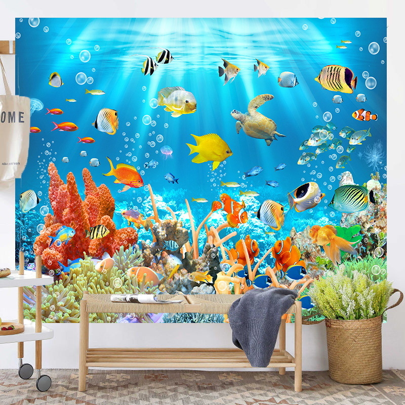 Povandeninio pasaulio fonas, audinys, pakabinamas audinys, svetainė, miegamasis, sienų dekoracija, sienų audinys, delfinas, paprastas plakatas, gobelenas, audinys