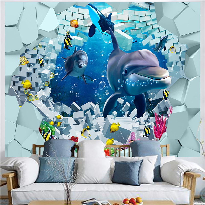 Povandeninio pasaulio fonas, audinys, pakabinamas audinys, svetainė, miegamasis, sienų dekoracija, sienų audinys, delfinas, paprastas plakatas, gobelenas, audinys