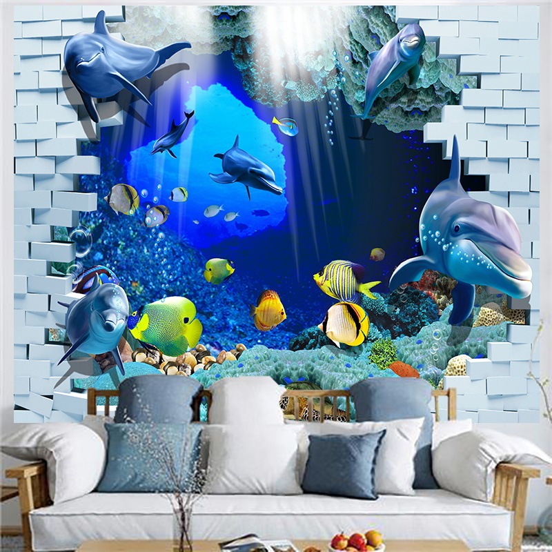 Povandeninio pasaulio fonas, audinys, pakabinamas audinys, svetainė, miegamasis, sienų dekoracija, sienų audinys, delfinas, paprastas plakatas, gobelenas, audinys