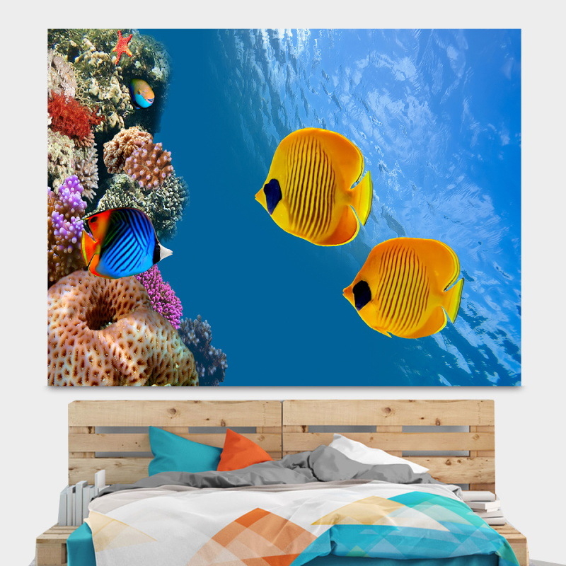 Povandeninio pasaulio fonas, audinys, pakabinamas audinys, svetainė, miegamasis, sienų dekoracija, sienų audinys, delfinas, paprastas plakatas, gobelenas, audinys