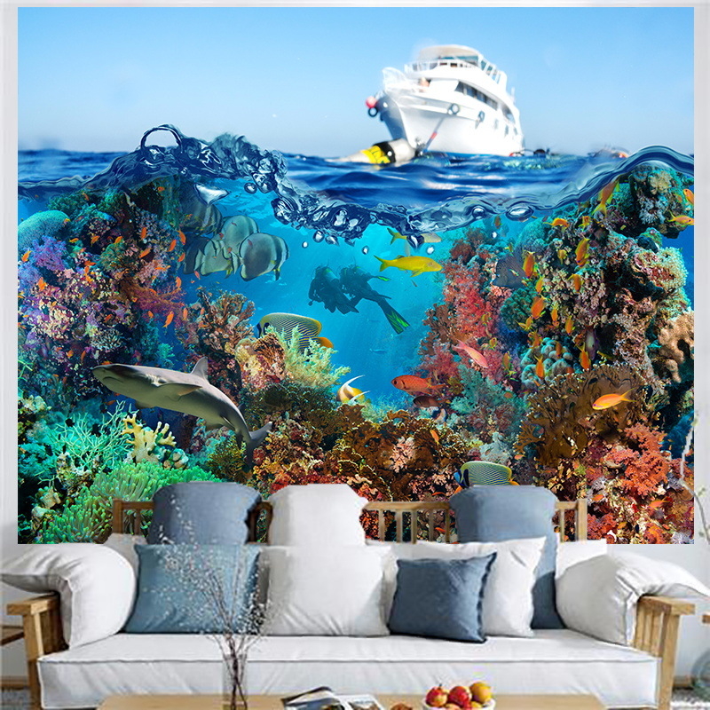 Povandeninio pasaulio fonas, audinys, pakabinamas audinys, svetainė, miegamasis, sienų dekoracija, sienų audinys, delfinas, paprastas plakatas, gobelenas, audinys