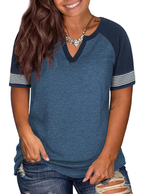 Euroopa ja Ameerika piiriülene eksport 2024. aasta kevad- ja suveks, uus V-kaelusega, raglanvarrukatega, triibuline ja lühikeste varrukatega T-särk, Wb28