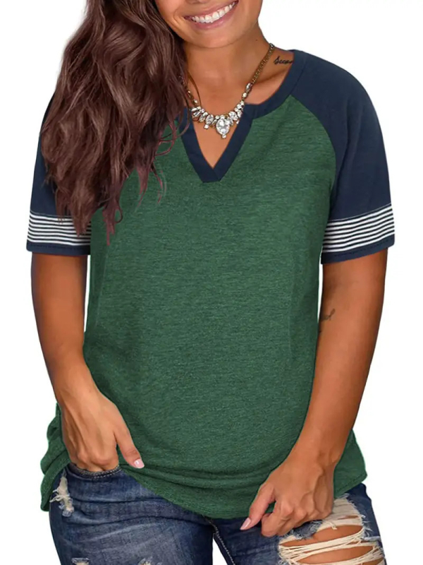 Euroopa ja Ameerika piiriülene eksport 2024. aasta kevad- ja suveks, uus V-kaelusega, raglanvarrukatega, triibuline ja lühikeste varrukatega T-särk, Wb28