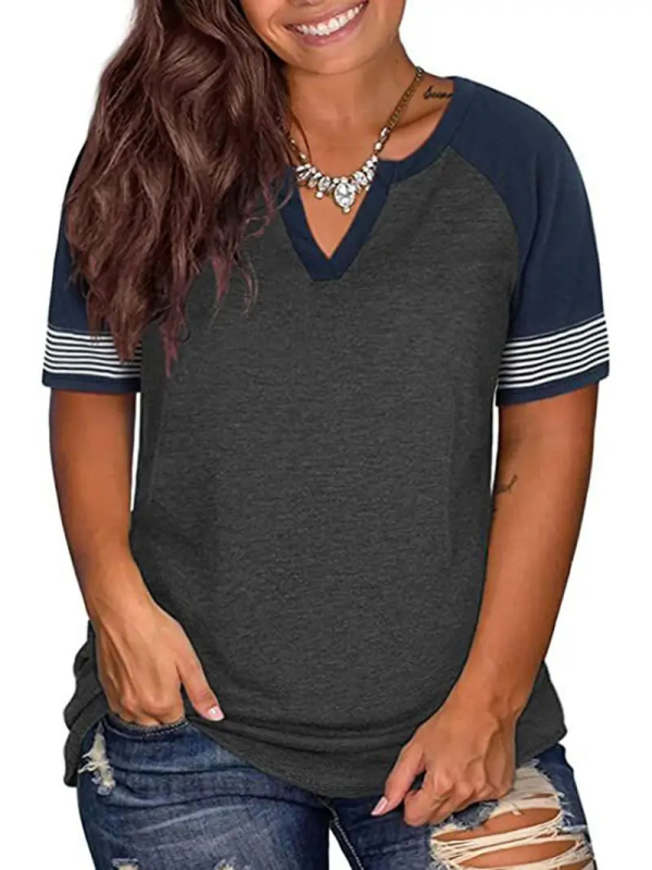 Euroopa ja Ameerika piiriülene eksport 2024. aasta kevad- ja suveks, uus V-kaelusega, raglanvarrukatega, triibuline ja lühikeste varrukatega T-särk, Wb28