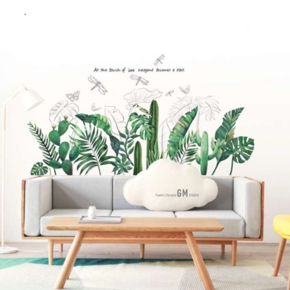 Rohelise lehega rohelise taimega potis seinamaaling, dekoratiivne PVC-kleebis JS-N, piiriülene elutoa taustaga seinale dekoratiivne seinakleebis
