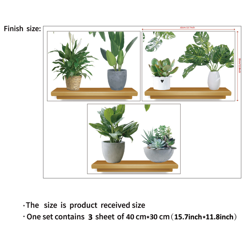 Rohelise lehega rohelise taimega potis seinamaaling, dekoratiivne PVC-kleebis JS-N, piiriülene elutoa taustaga seinale dekoratiivne seinakleebis