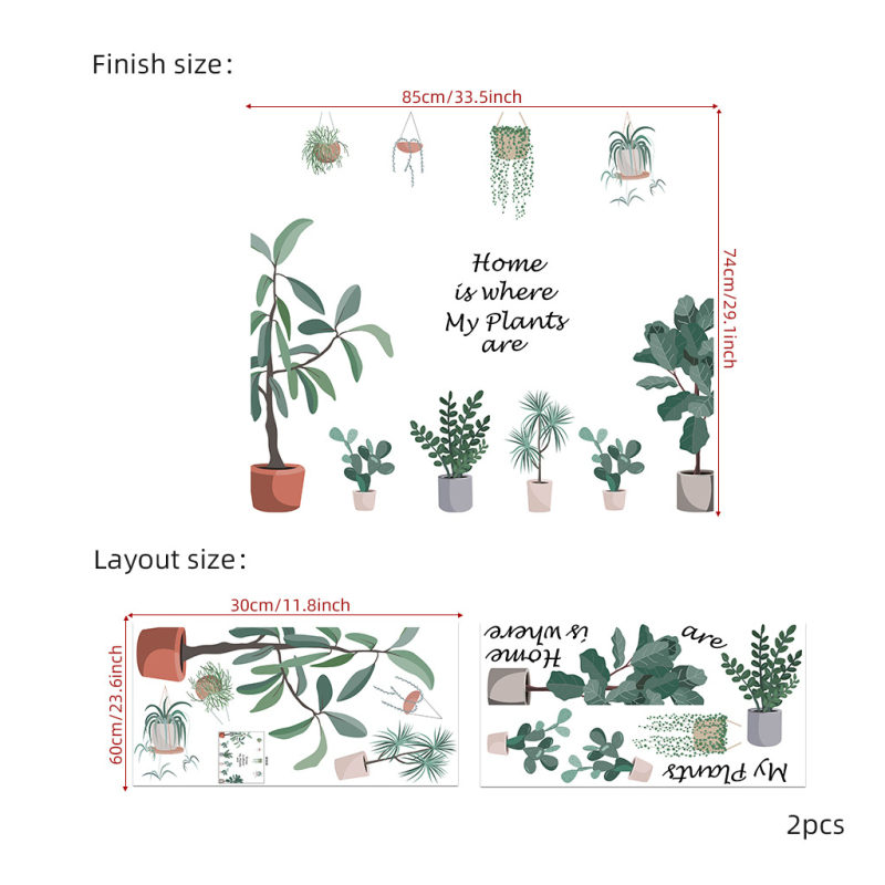 Rohelise lehega rohelise taimega potis seinamaaling, dekoratiivne PVC-kleebis JS-N, piiriülene elutoa taustaga seinale dekoratiivne seinakleebis