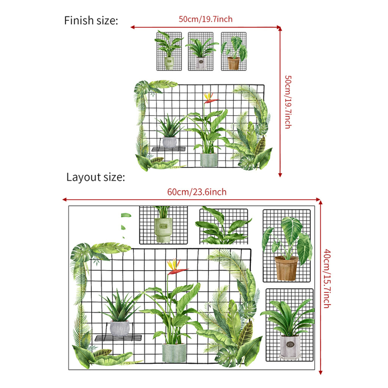 Rohelise lehega rohelise taimega potis seinamaaling, dekoratiivne PVC-kleebis JS-N, piiriülene elutoa taustaga seinale dekoratiivne seinakleebis