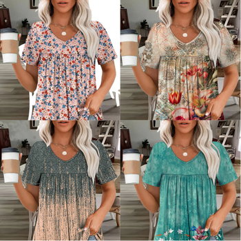 2025. aasta Euroopa ja Ameerika piiriülene uus suvine trükitud lühikeste varrukatega V-kaelusega naiste trendikas poolvarrukatega kvaliteetne elastne kleit