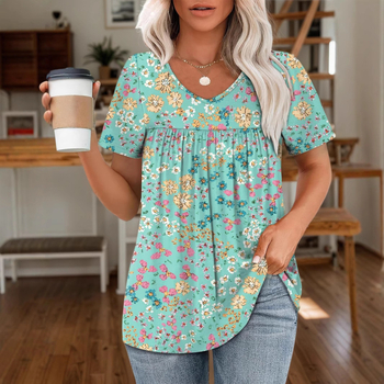 2025 Ευρωπαϊκό και Αμερικανικό Διασυνοριακό Νέο Καλοκαιρινό Τυπωμένο Γυναικείο Κοντομάνικο με V Λαιμόκοψη, Μοντέρνο Λάστιχο Υψηλής Ποιότητας με Μισό Μανίκι