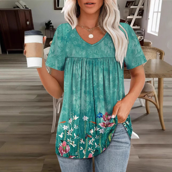 2025 Ευρωπαϊκό και Αμερικανικό Διασυνοριακό Νέο Καλοκαιρινό Τυπωμένο Γυναικείο Κοντομάνικο με V Λαιμόκοψη, Μοντέρνο Λάστιχο Υψηλής Ποιότητας με Μισό Μανίκι