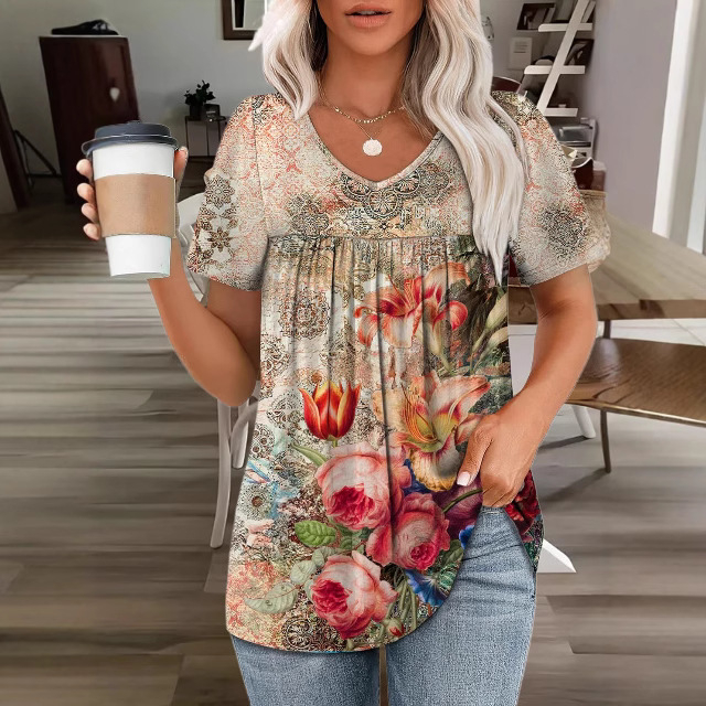 2025. aasta Euroopa ja Ameerika piiriülene uus suvine trükitud lühikeste varrukatega V-kaelusega naiste trendikas poolvarrukatega kvaliteetne elastne kleit