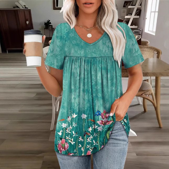 2025. aasta Euroopa ja Ameerika piiriülene uus suvine trükitud lühikeste varrukatega V-kaelusega naiste trendikas poolvarrukatega kvaliteetne elastne kleit