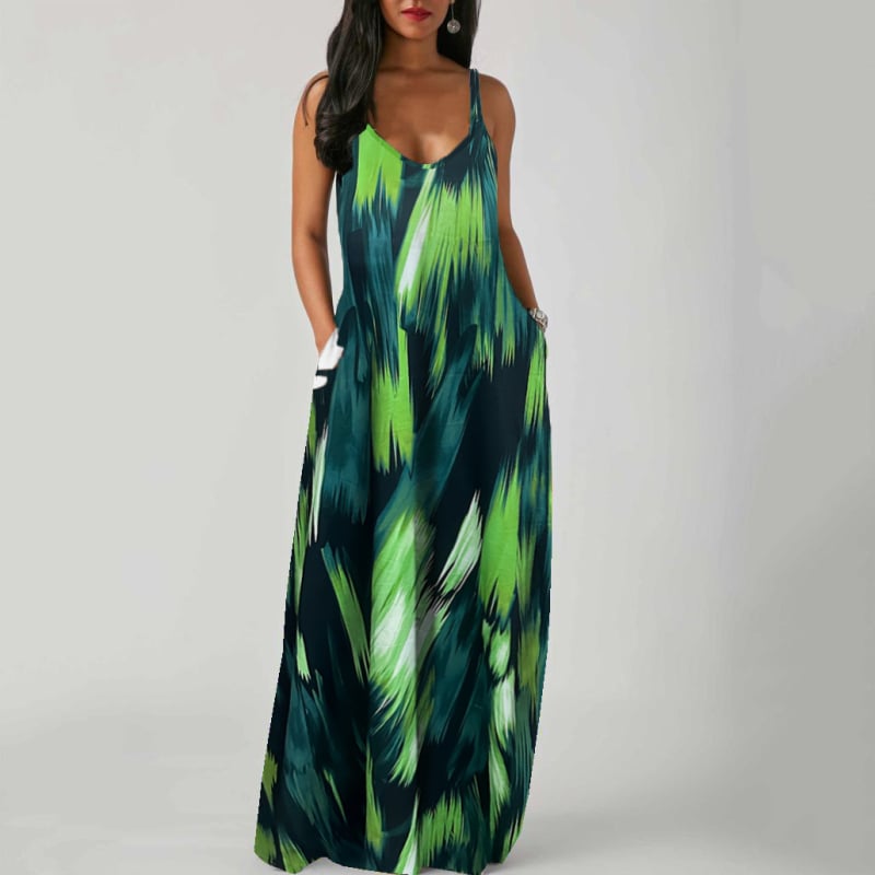 Rochie lungă din talie medie, elegantă, cu imprimeu, din materiale europene și americane, transfrontaliere, de primăvară și de vară