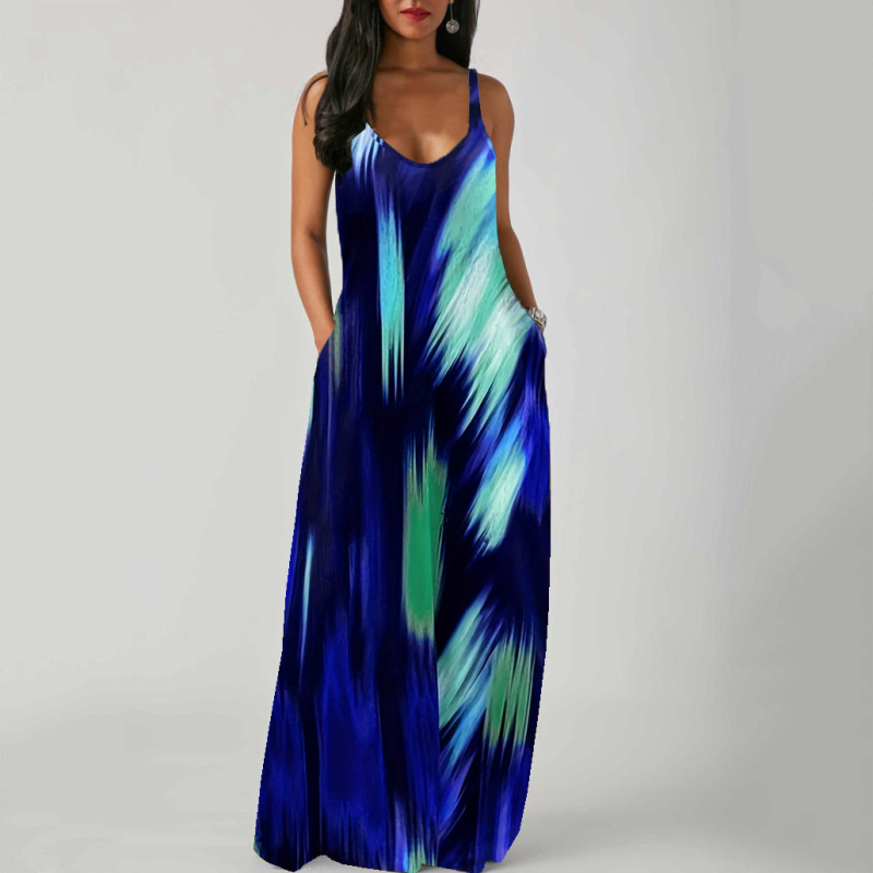 Rochie lungă din talie medie, elegantă, cu imprimeu, din materiale europene și americane, transfrontaliere, de primăvară și de vară