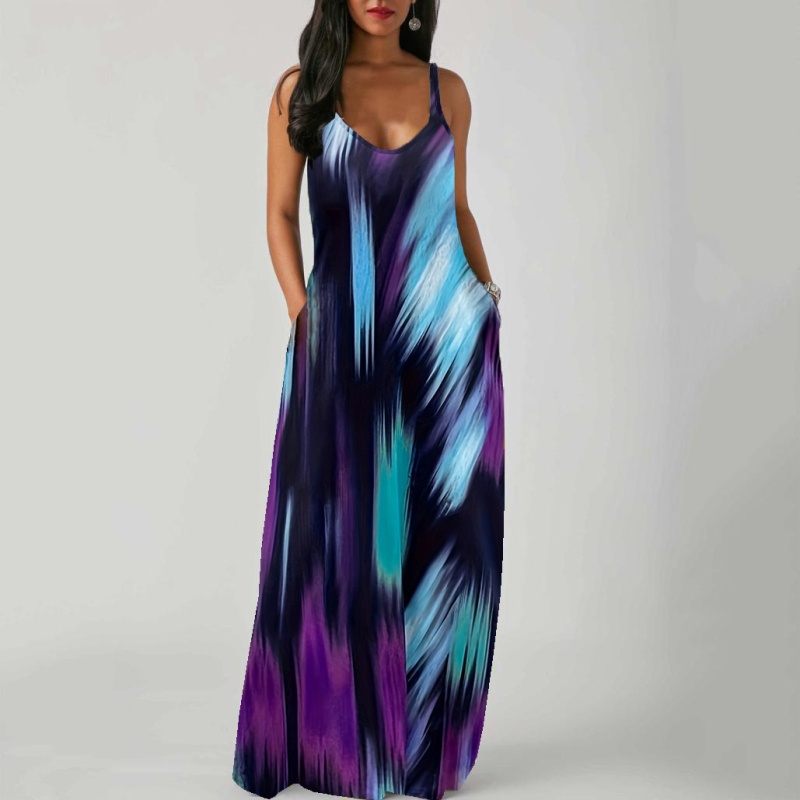 Rochie lungă din talie medie, elegantă, cu imprimeu, din materiale europene și americane, transfrontaliere, de primăvară și de vară