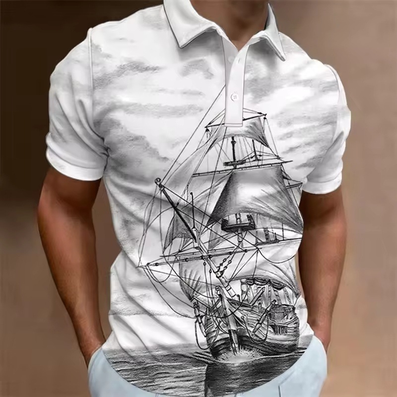 2025. gada retro burāšanas 3D drukāts polo krekls vīriešu apģērbs jūrnieku laivu vīriešu ielas ikdienas Y2K tops