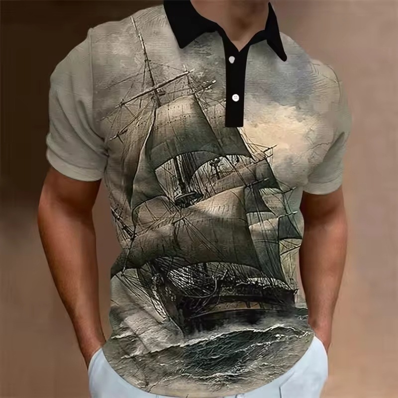 2025. gada retro burāšanas 3D drukāts polo krekls vīriešu apģērbs jūrnieku laivu vīriešu ielas ikdienas Y2K tops